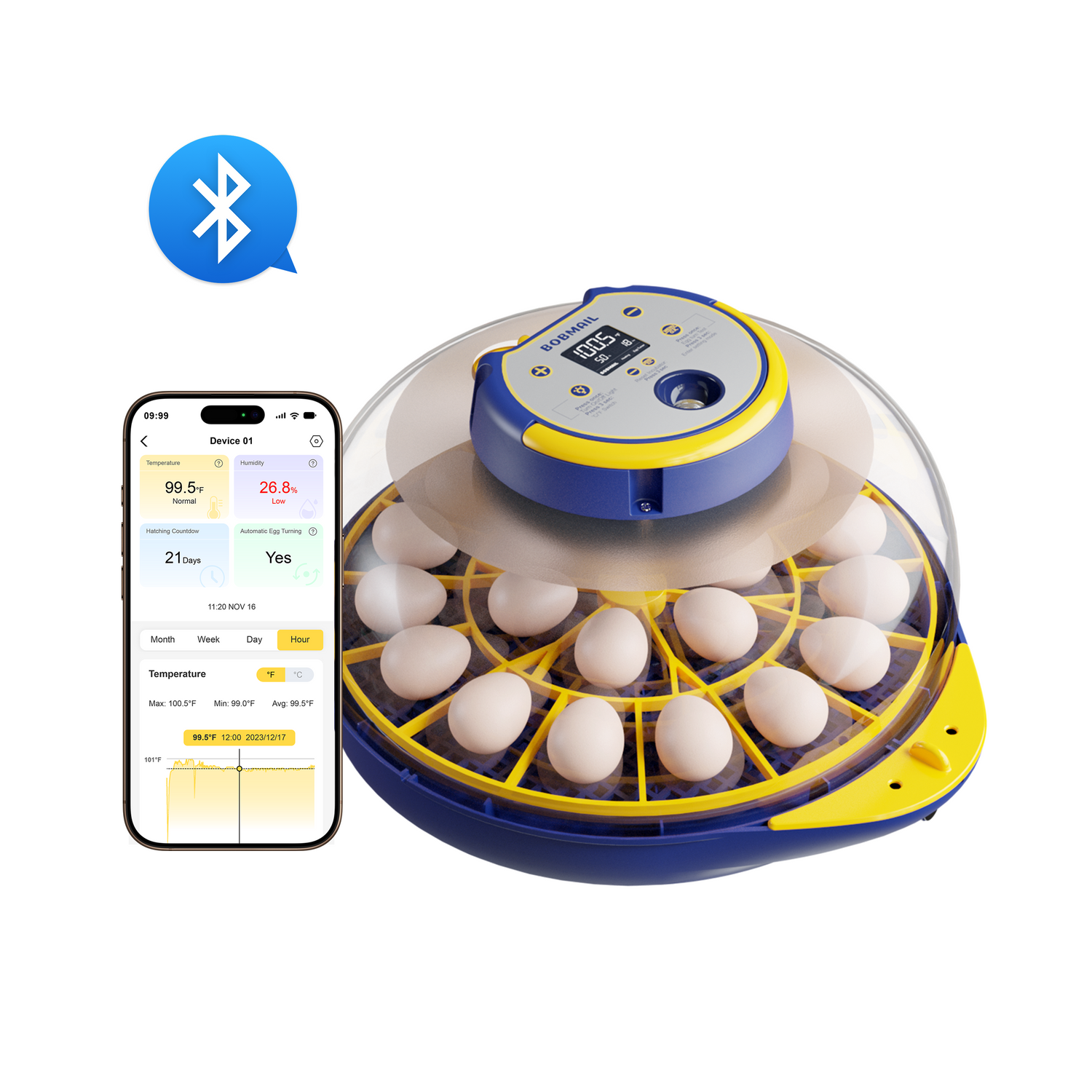 A blue and yellow egg incubator with a transparent lid, holding several eggs. A smartphone displays the incubator's temperature and humidity via Bluetooth.